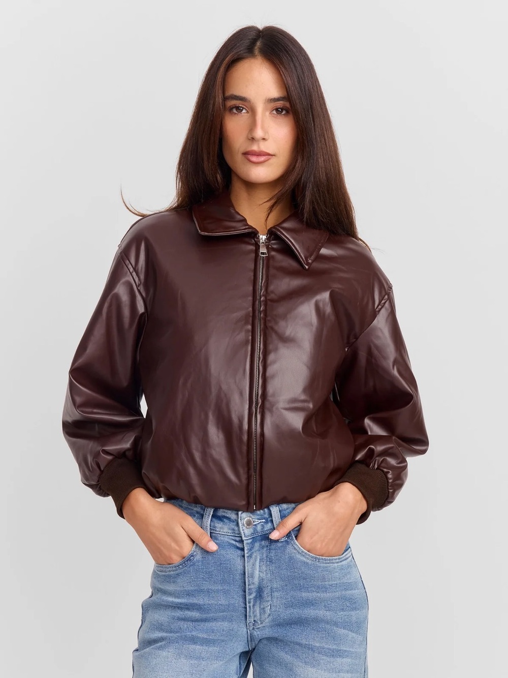 Sasha Therese Estella Bomber Jacket in brown faux leather